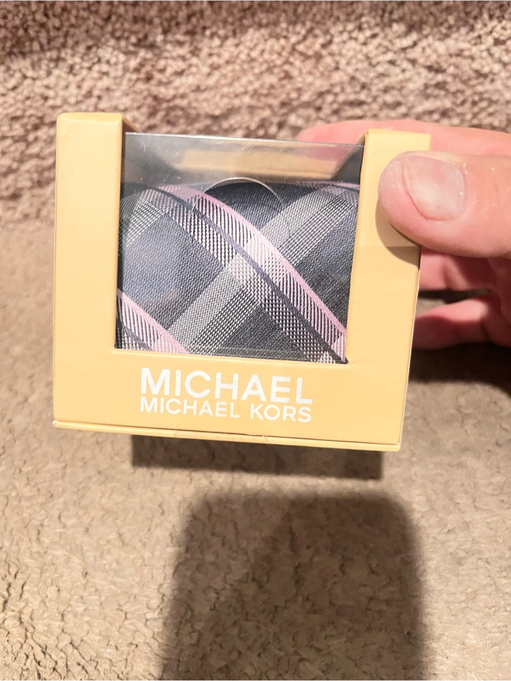 NEW Michael Kors Men’s Navy Plaid Tie with Pink Accents.